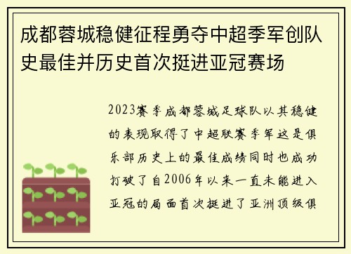 成都蓉城稳健征程勇夺中超季军创队史最佳并历史首次挺进亚冠赛场 成都蓉城稳健征程勇夺中超季军创队史最佳并历史首次挺进亚冠赛场